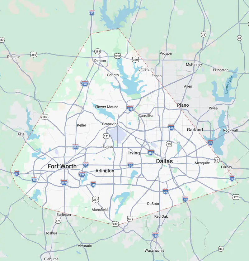 Map of the DFW Metroplex fence installation service area covered by Smith Fencing and Construction
